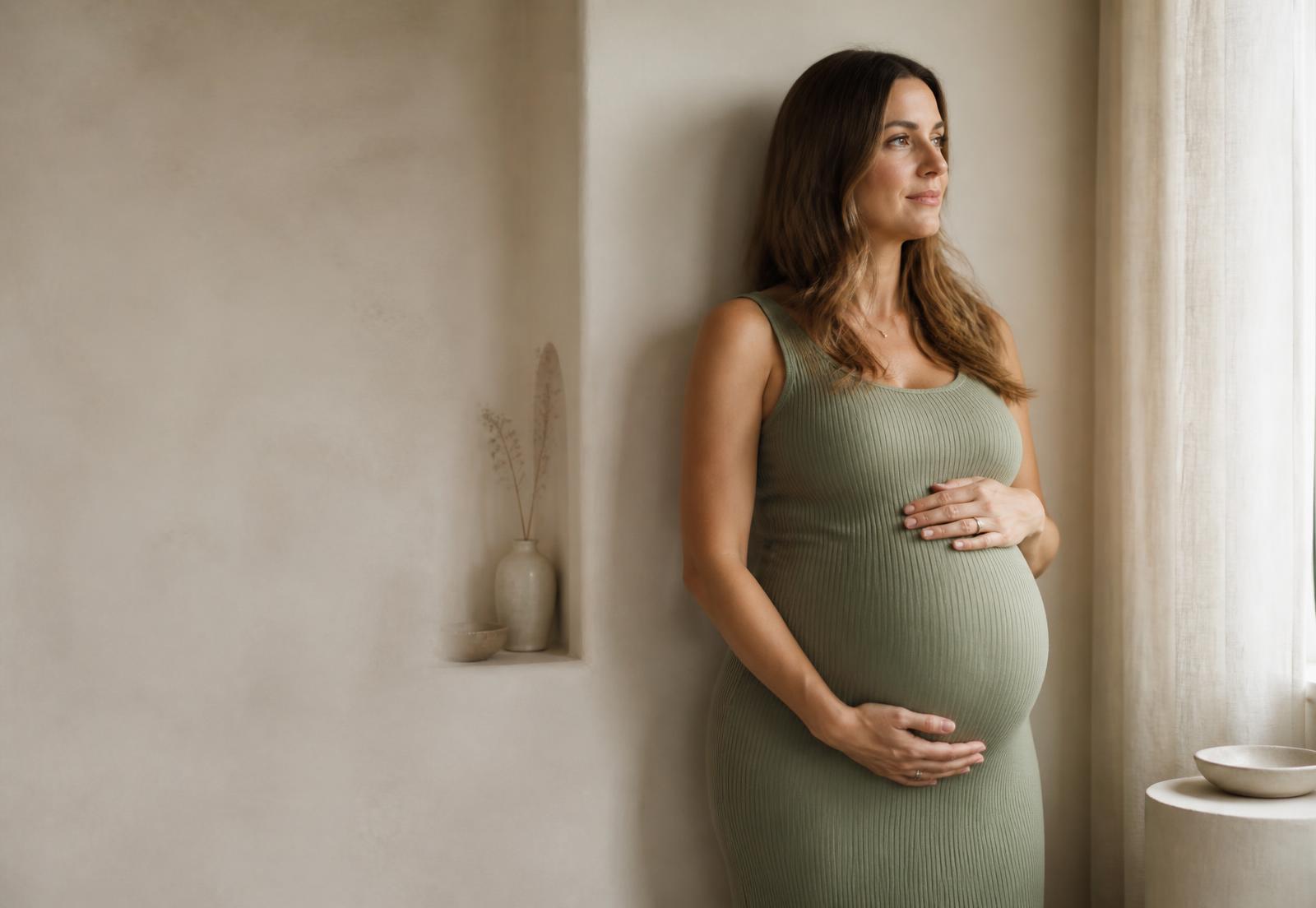 Expectant mother in a sage ribbed maternity dress in soft daylight
